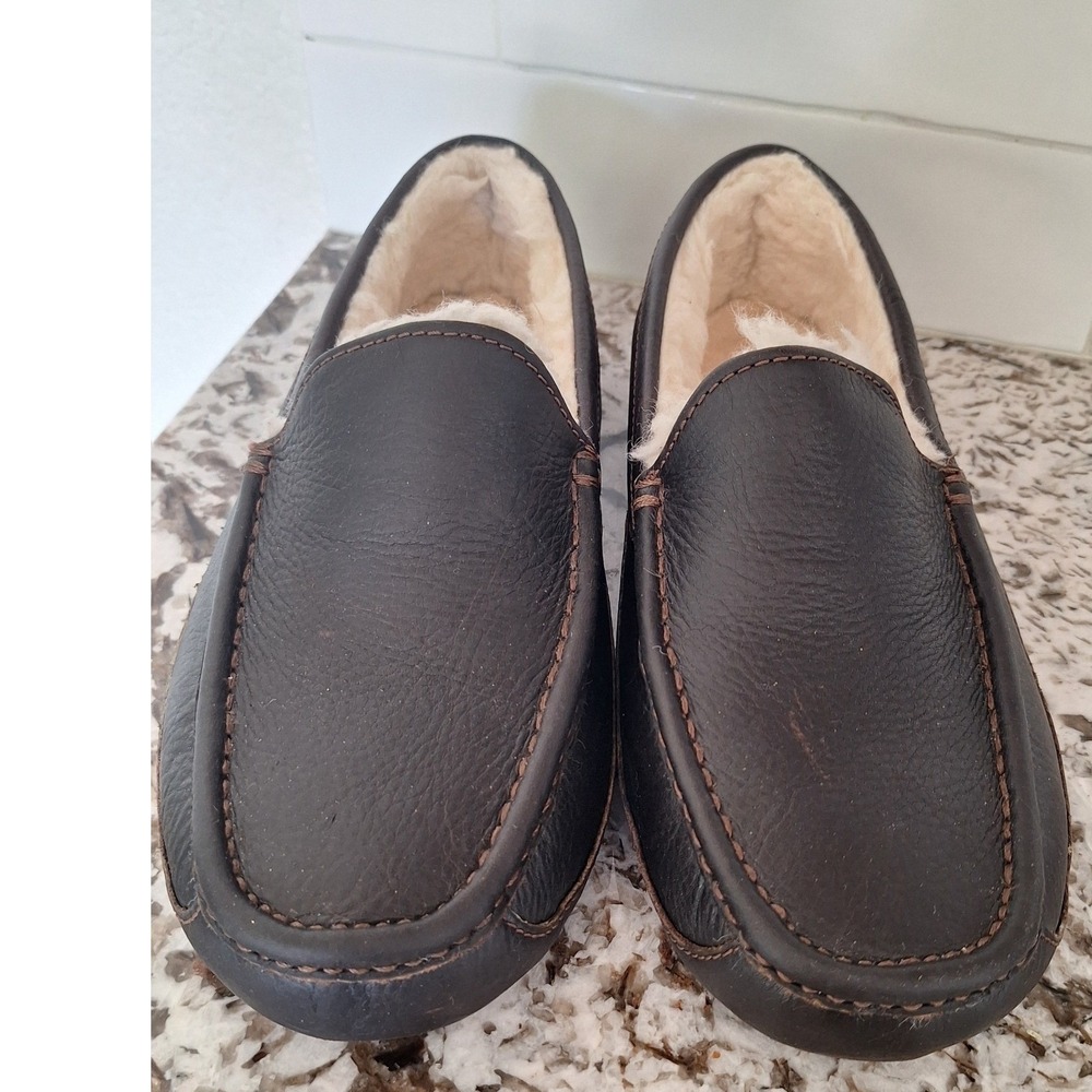 UGG Ascot Leather Casual Foam Footbed Wool Blend‎ Slippers 7EEE Brown Slip On